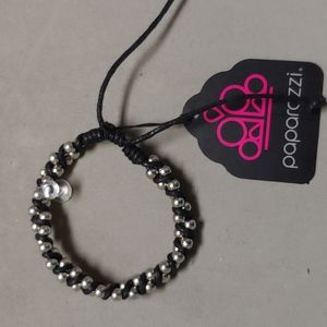 Paparazzi Black leather and silver bead adjustable bracelet